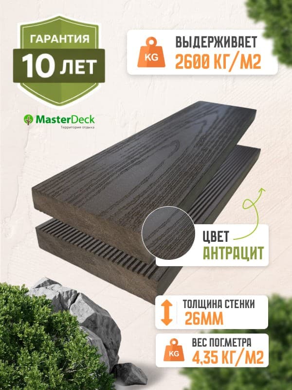 Террасная доска полнотелая MasterDeck Massive цвет Антрацит — террасная доска из ПНД (ДПК), MasterDeck, Москва